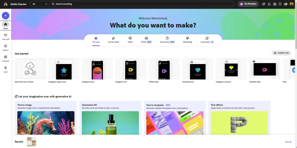 adobe express dashboard screenshot best free canva alternative