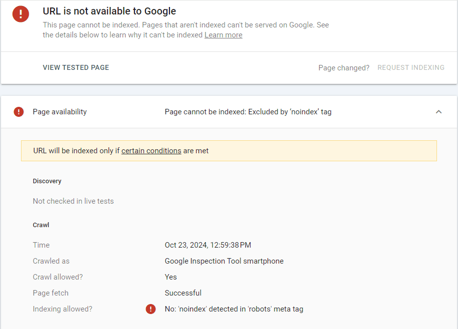 How To Fix Discovered or Crawled Currently Not Indexed in Google Search Console in 2024 URL is not available to Google and no index tag exists on the website, screenshot of GSC
