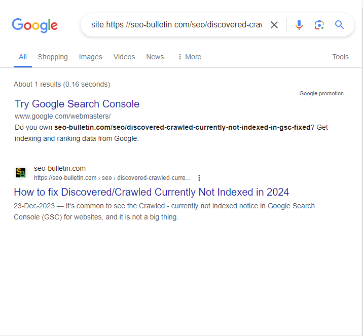 How To Fix Discovered or Crawled Currently Not Indexed in Google Search Console in 2024 Google SERP URL Screenshot for current blog using site colon operator