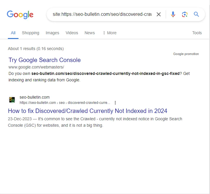 How To Fix Crawled – Currently Not Indexed in Search Console (2026 Guide) Google SERP URL Screenshot for current blog using site colon operator