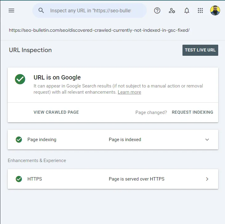 How To Fix Crawled – Currently Not Indexed in Search Console (2026 Guide) Google Search Console Inspect URL Screenshot for current blog