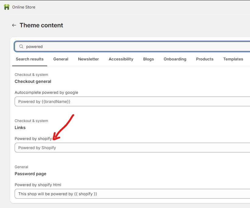 How to Fix Header and Footer Heading Tags in Shopify visit edit theme content and type powered to remove powered by Shopify