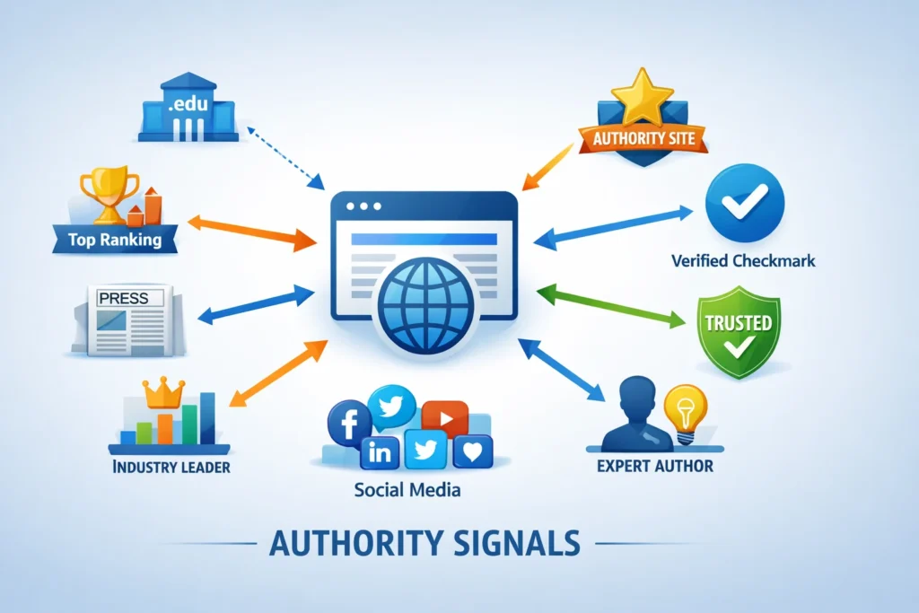 A central website icon receiving incoming links from several reputable websites represented by trust badges and authority symbols arranged across a wide canvas. Clean corporate digital marketing illustration, subtle gradients, professional infographic style.