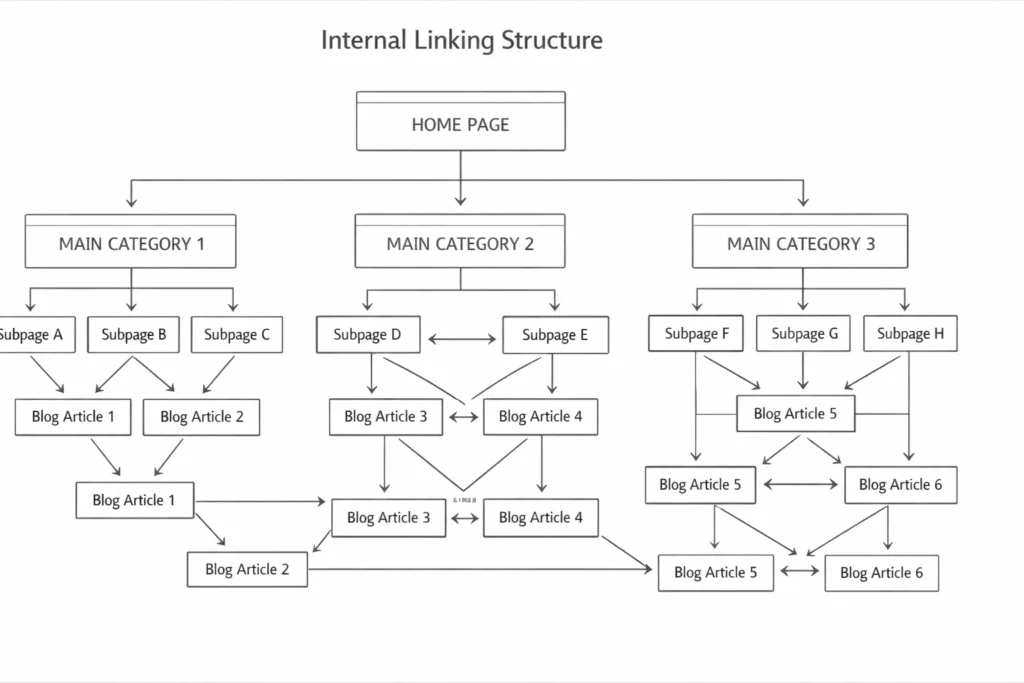 A wide website architecture diagram showing multiple webpage boxes connected with directional arrows representing internal linking flow from main category pages to subpages and blog articles. Clean wireframe infographic style, white background, corporate design aesthetic