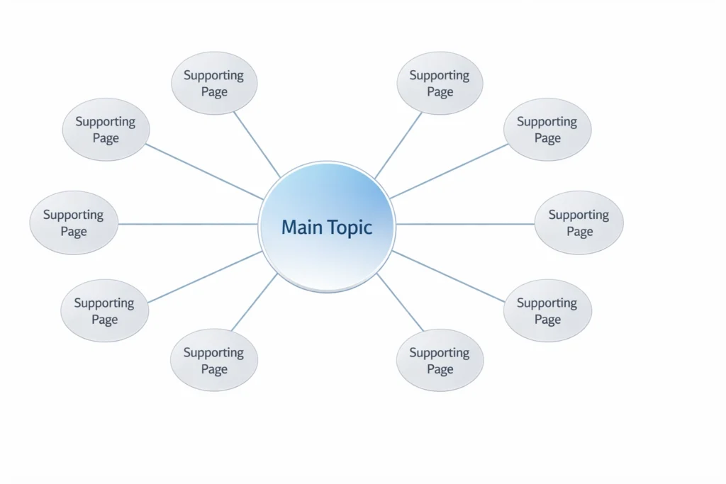 A wide hub-and-spoke content cluster infographic showing a central pillar page labeled ‘Main Topic’ connected to multiple surrounding supporting pages forming a topical authority network. Clean professional infographic style, soft blue and gray tones, minimal labels