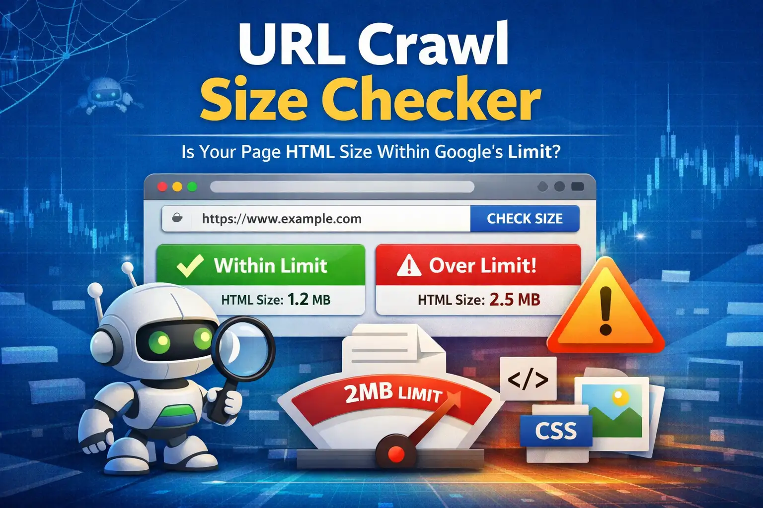 Illustration of a URL crawl size checker tool showing a web browser interface measuring HTML page size against Google’s 2MB crawl limit, with a Googlebot character analyzing page resources.