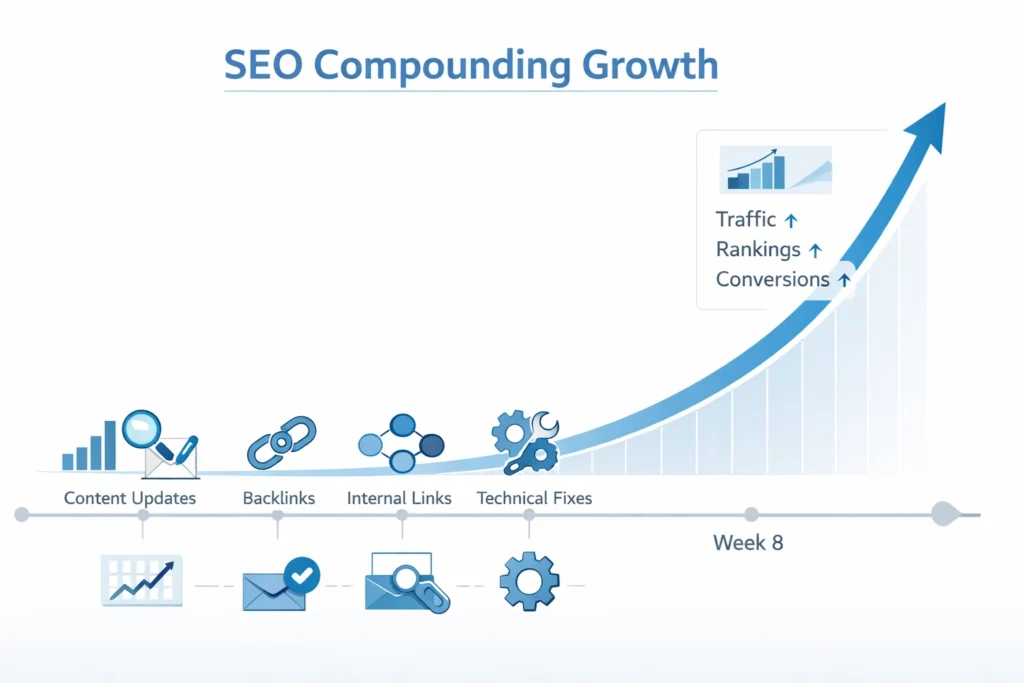 A clean 16:9 infographic-style illustration of an SEO analytics dashboard showing a timeline from left to right with small SEO optimization icons such as content updates, backlinks, internal links, and technical fixes placed along the timeline. A smooth organic traffic growth curve gradually rises and then accelerates upward toward the right side of the image, symbolizing compounding SEO growth. Minimal modern data visualization style, white background, soft blue and gray color palette, professional corporate infographic aesthetic, high clarity, wide 16:9 composition.