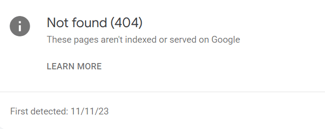 Not Found 404 notification under Google Search Console Page indexing option